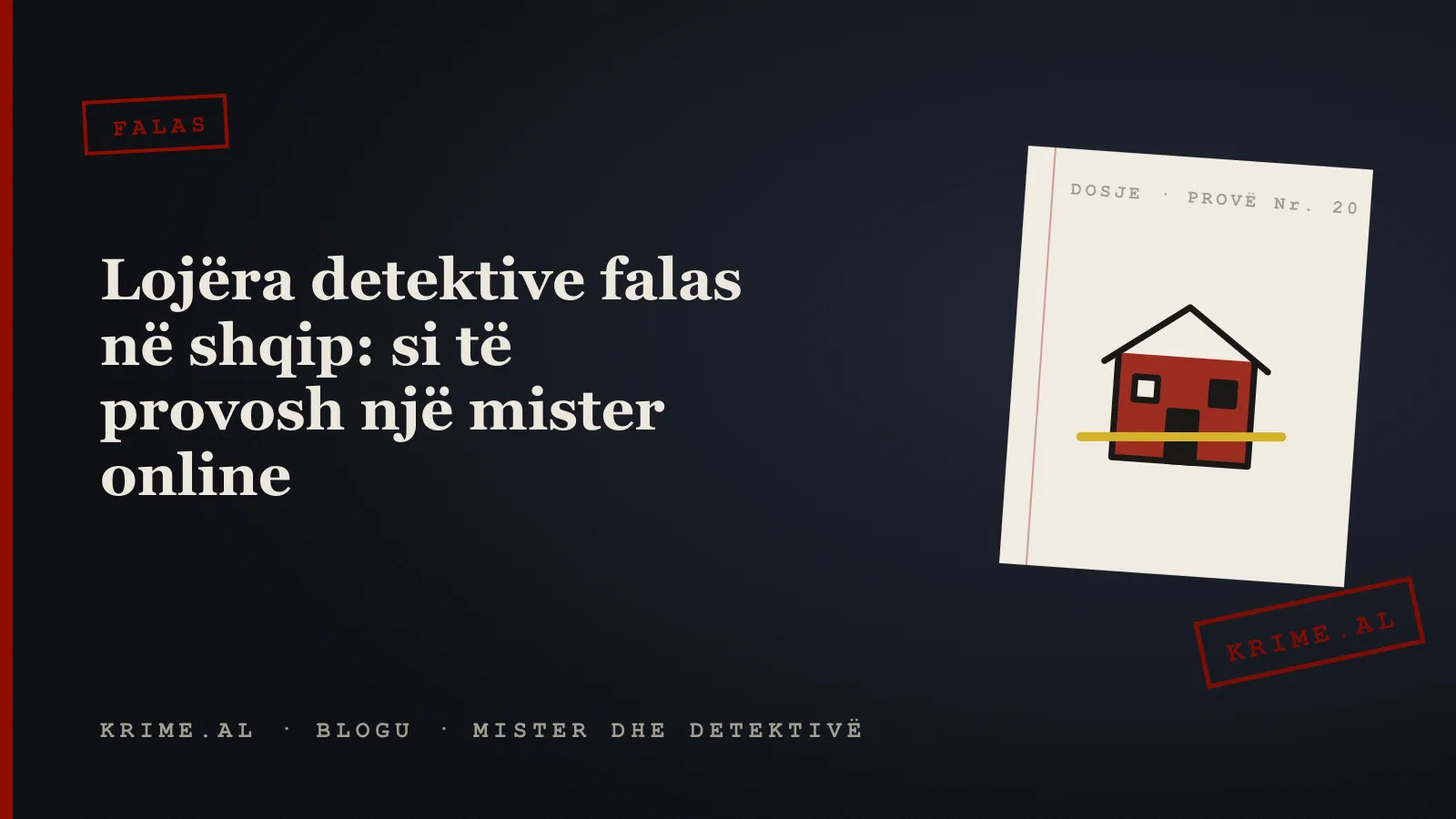 Një vilë e kuqe në mbrëmje me një dritare të ndriçuar dhe një shirit policie para hyrjes